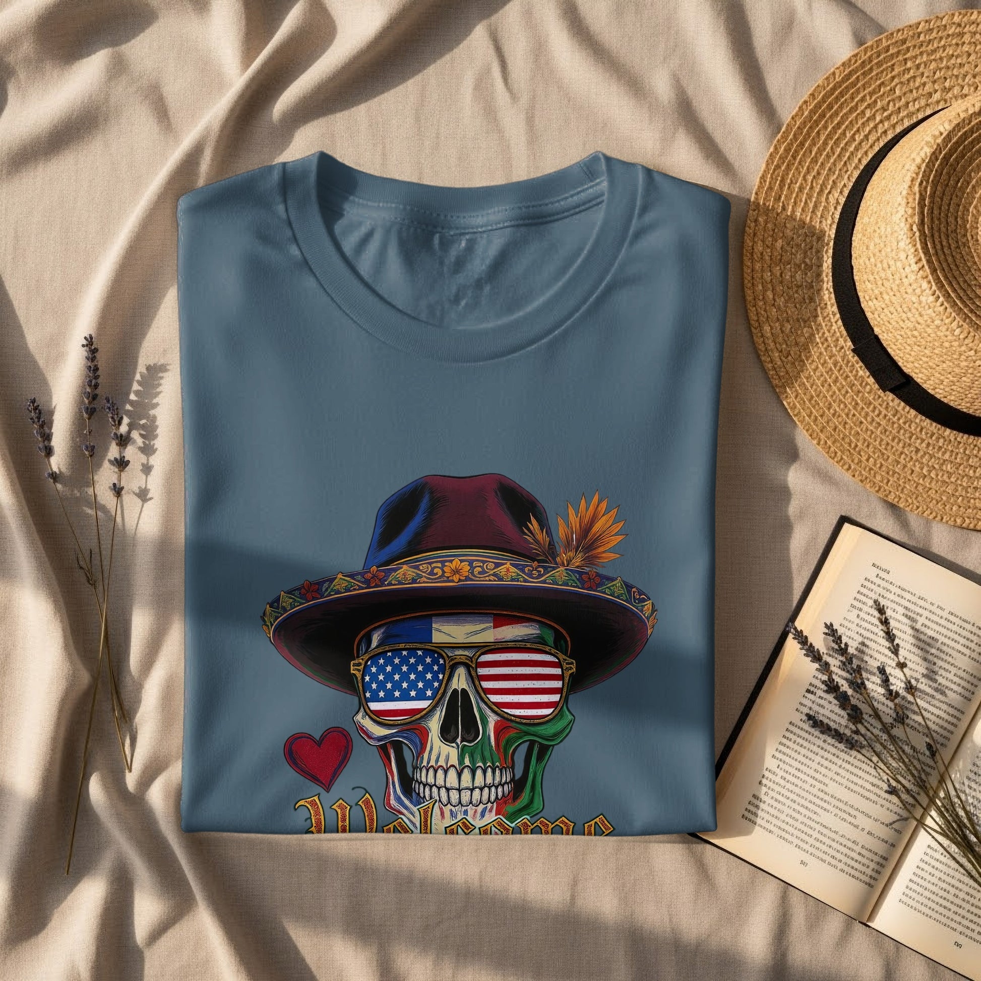 Patriotic Skull Design with Heart and Welcome T-shirt