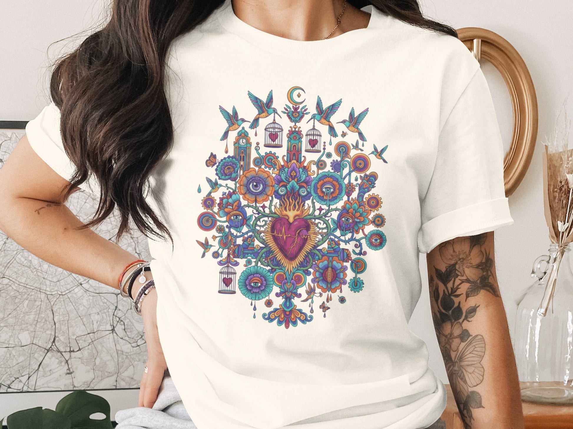 Intricate Sacred Heart Vibrant Birds Flowers Eyes Moon product type