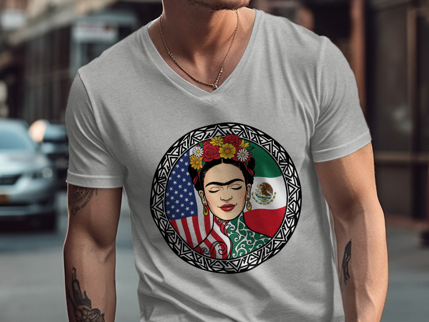 Frida Kahlo V-Neck with American Mexican Flags Design