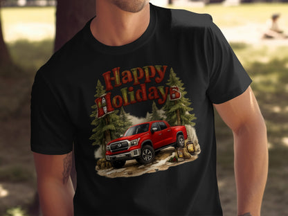 Happy Holidays Red Truck and Pine Trees Graphic Shirt