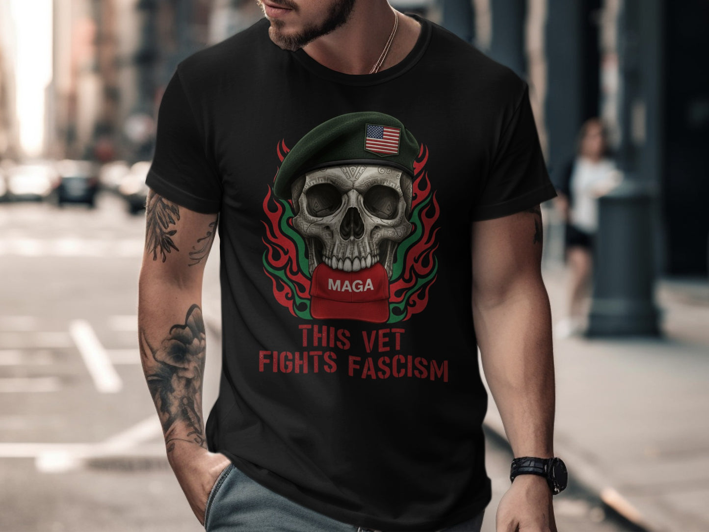 This Vet Fights Fascism Skull Design T-Shirt