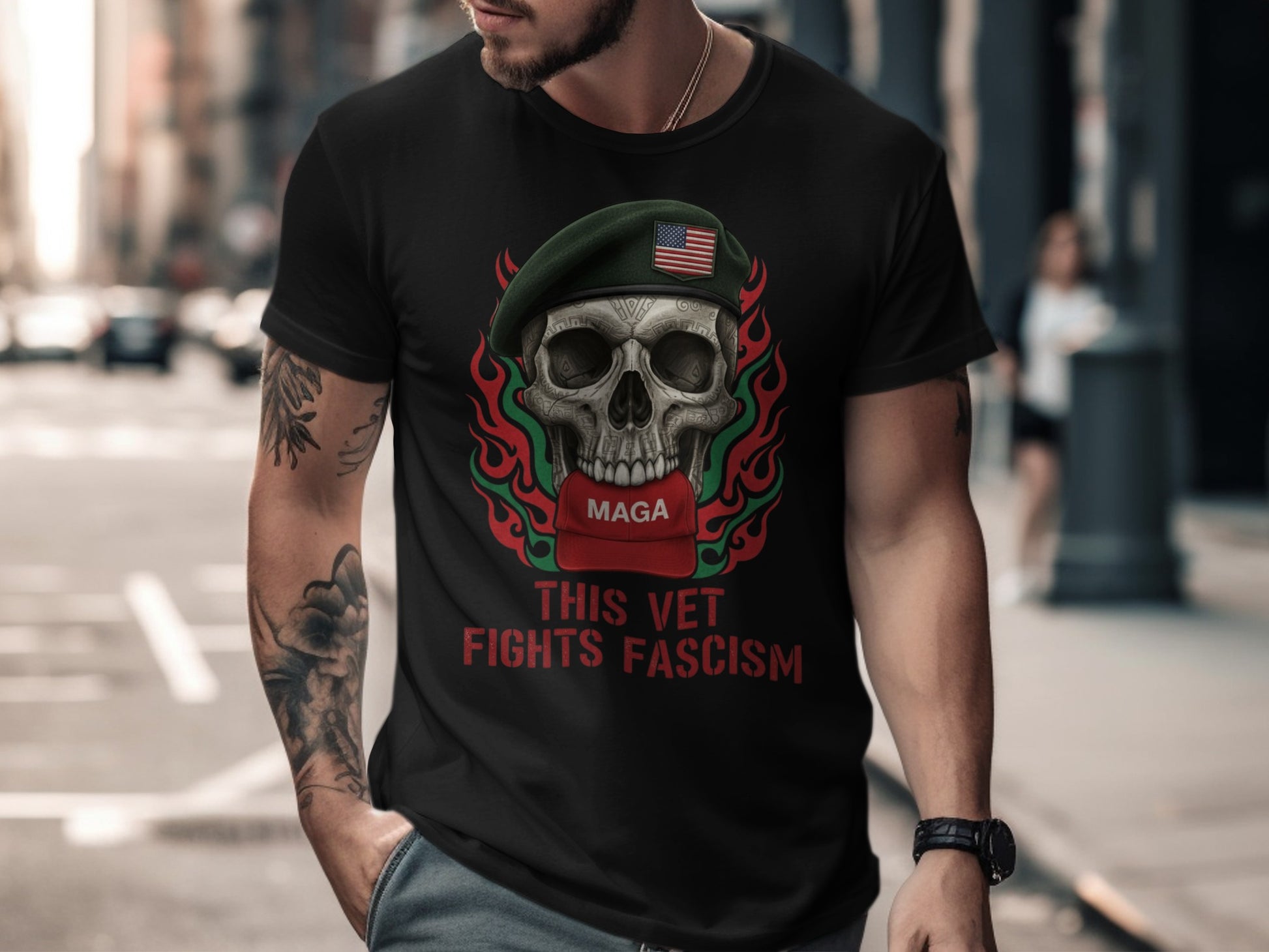 This Vet Fights Fascism Skull Design T-Shirt