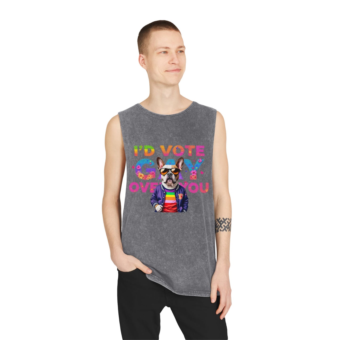 Unisex Stonewash Tank Top - 'I'd Vote Gay Over You' Dog Design