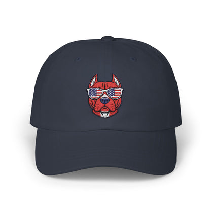 Patriotic Dog Dad Cap - Classic White Hat with American Flag Sunglasses Design