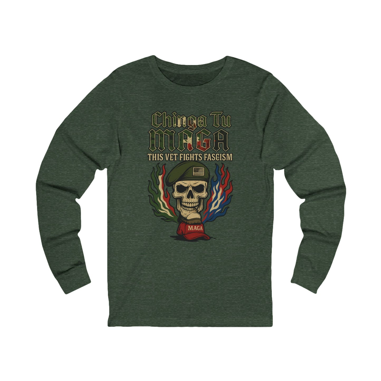 Chinga Tu Maga Skull & Flames Graphic Military Vet Tee Long Sleeve Tee