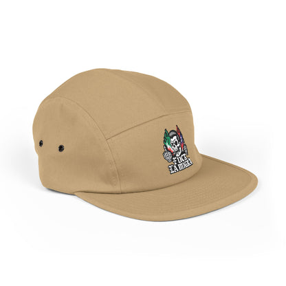 Fuck La Migra Hat Embroidered 5-Panel Cap — Skull with Mexican Flag Accent (Explicit Text)