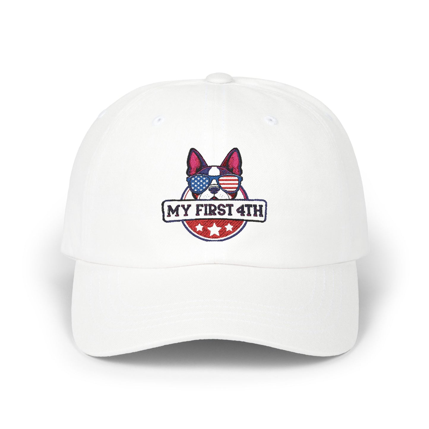 Patriotic Dog Dad Cap - 'My First 4th' Embroidered White Hat