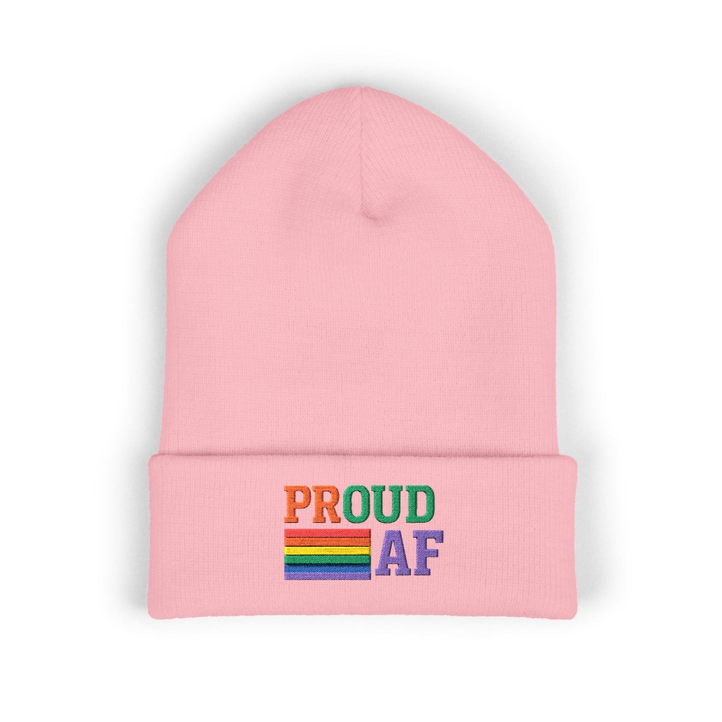 Proud AF Embroidered Beanie — Rainbow Pride Cuffed Hat
