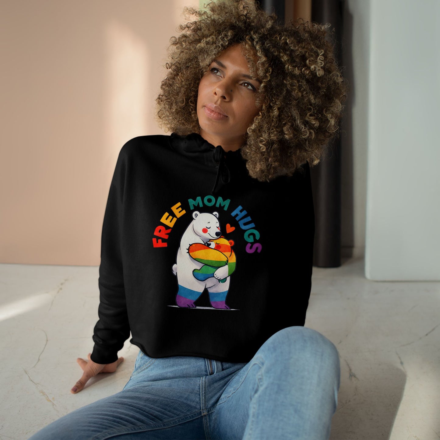 Colorful Bear 'Free Mom Hugs' Crop Hoodie | Fun, Cozy Gift for Moms, Pride, Celebrations, Casual Wear, Trendy Style