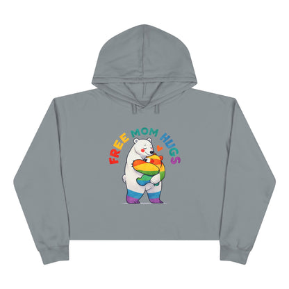 Colorful Bear 'Free Mom Hugs' Crop Hoodie | Fun, Cozy Gift for Moms, Pride, Celebrations, Casual Wear, Trendy Style