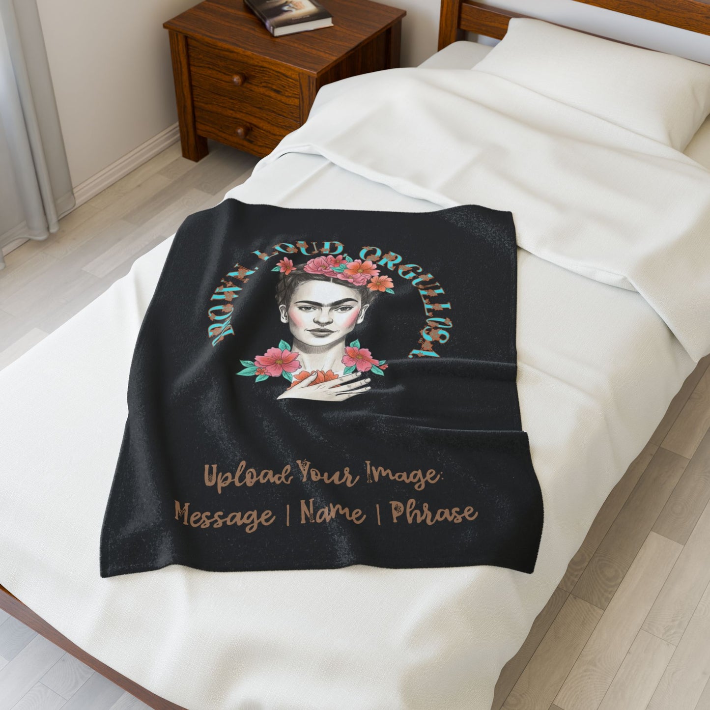 Frida Kahlo Floral "Brown y Loud Orgullo" Velveteen Plush Blanket - Customizable Name & Message