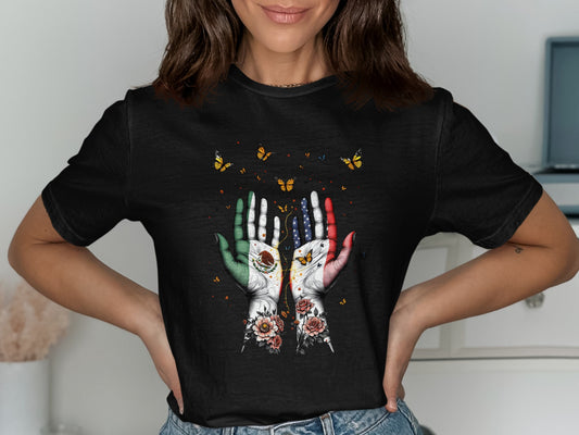 Colorful Hands and Butterflies on Black Shirt product
