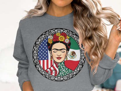 Frida Kahlo Flag Circle Graphic Long Sleeve Shirt
