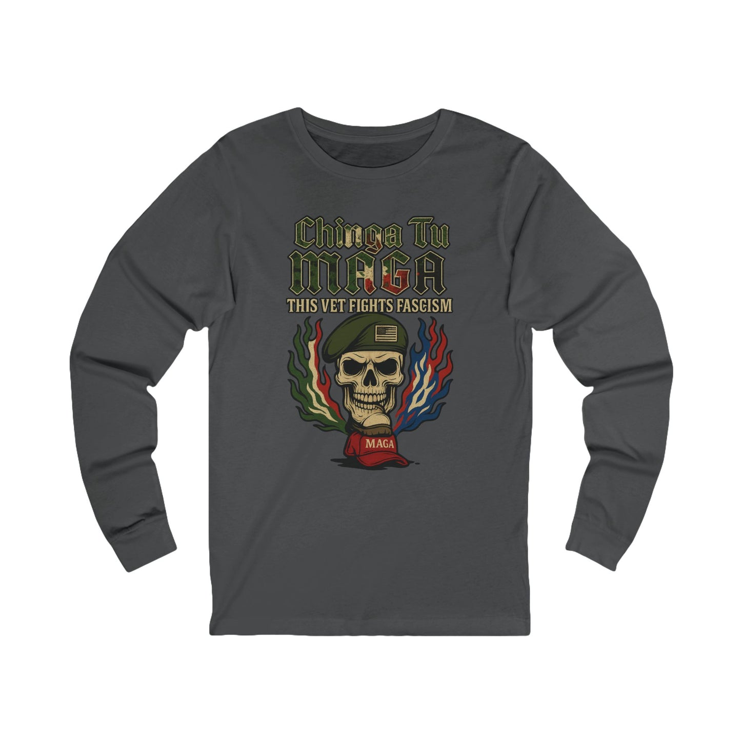 Chinga Tu Maga Skull & Flames Graphic Military Vet Tee Long Sleeve Tee