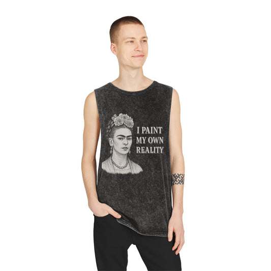 Frida Kahlo Inspirational Stonewash Tank Top, Unisex Graphic Muscle Shirt, Art Lover Gift, Bohemian Summer Top, Creative Reality Apparel