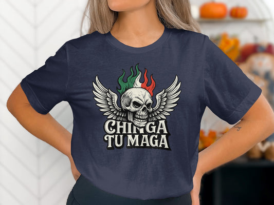Chinga Tu Maga Skull Wing Design T-Shirt