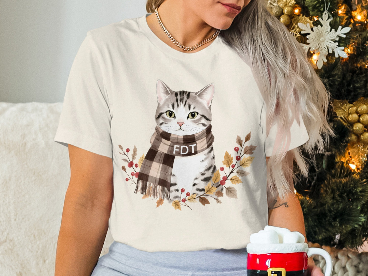 Cute Cat With Scarf Design Holiday Season T-Shirt