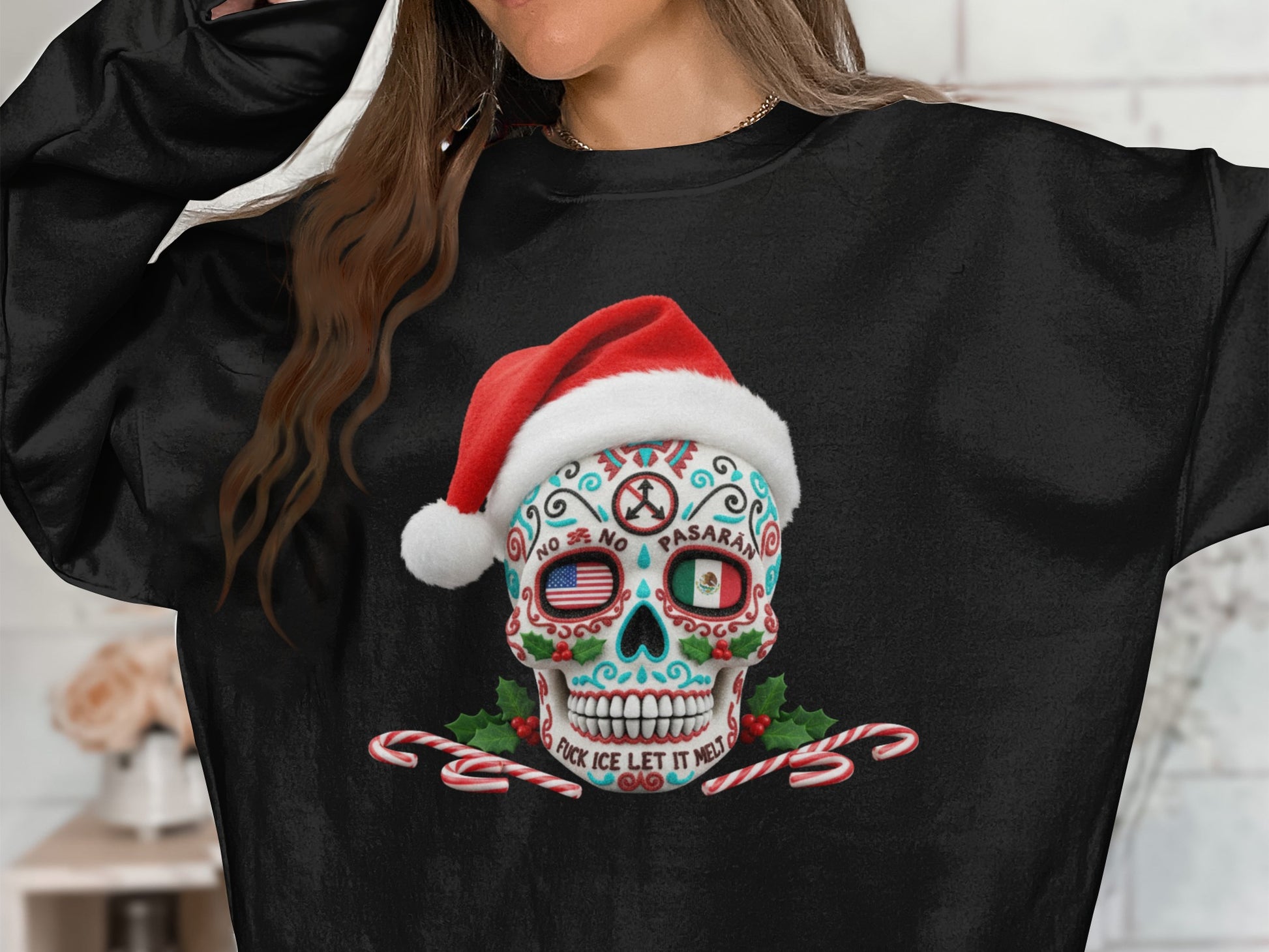 Festive Skull with Candy Canes Holiday Sweatshirt