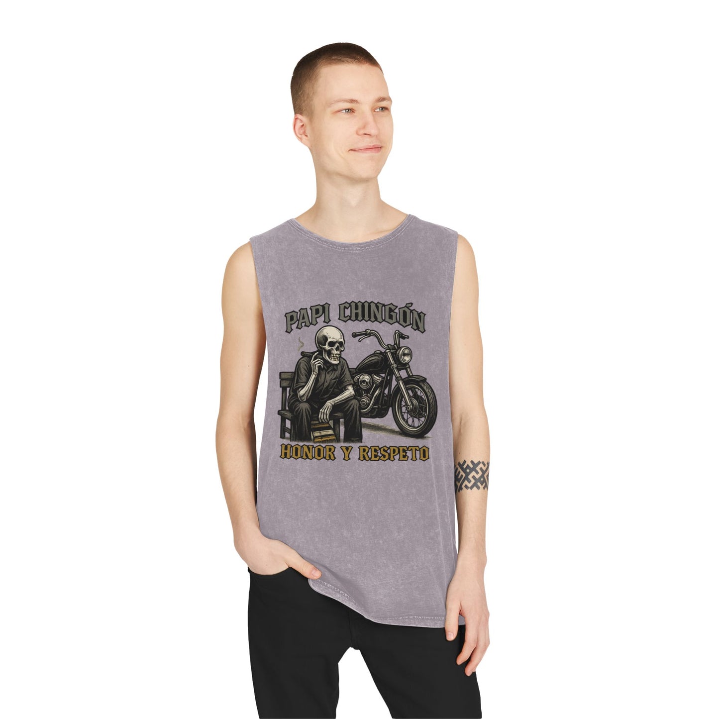 Unisex Stonewash Tank Top - Papi Chingón Skull Design, Casual Summer Wear, Motorcycle Lover Gift, Festival Outfit, Street Style
