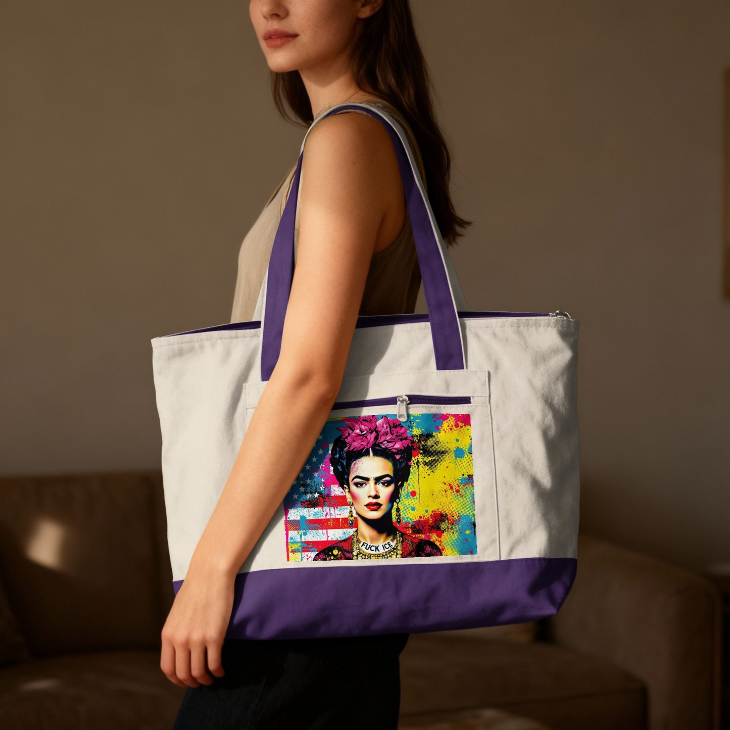 Tote bag with Frida Kahlo artwork, US flag, and text.