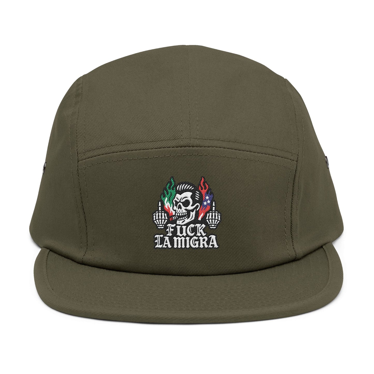 Fuck La Migra Hat Embroidered 5-Panel Cap — Skull with Mexican Flag Accent (Explicit Text)