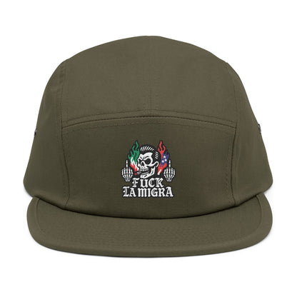 Fuck La Migra Hat Embroidered 5-Panel Cap — Skull with Mexican Flag Accent (Explicit Text)