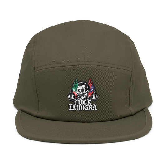Fuck La Migra Hat Embroidered 5-Panel Cap — Skull with Mexican Flag Accent (Explicit Text)