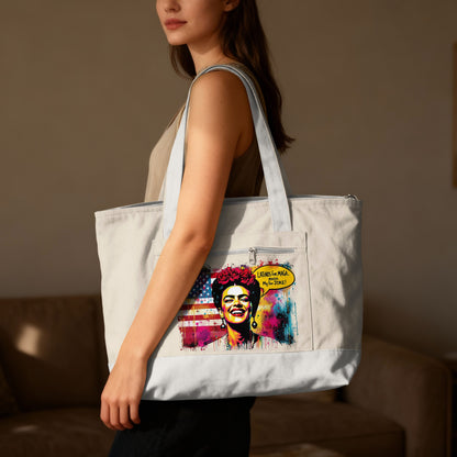 Tote bag with Frida Kahlo artwork, American flag, and text "Latinos For 
Make- America- Great".
