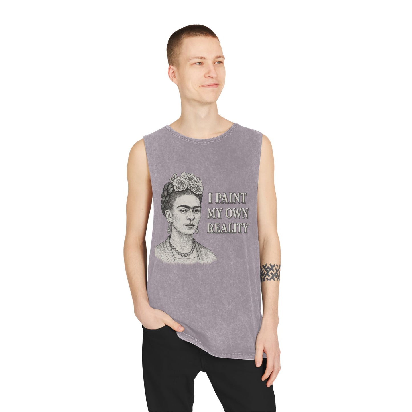 Frida Kahlo Inspirational Stonewash Tank Top, Unisex Graphic Muscle Shirt, Art Lover Gift, Bohemian Summer Top, Creative Reality Apparel