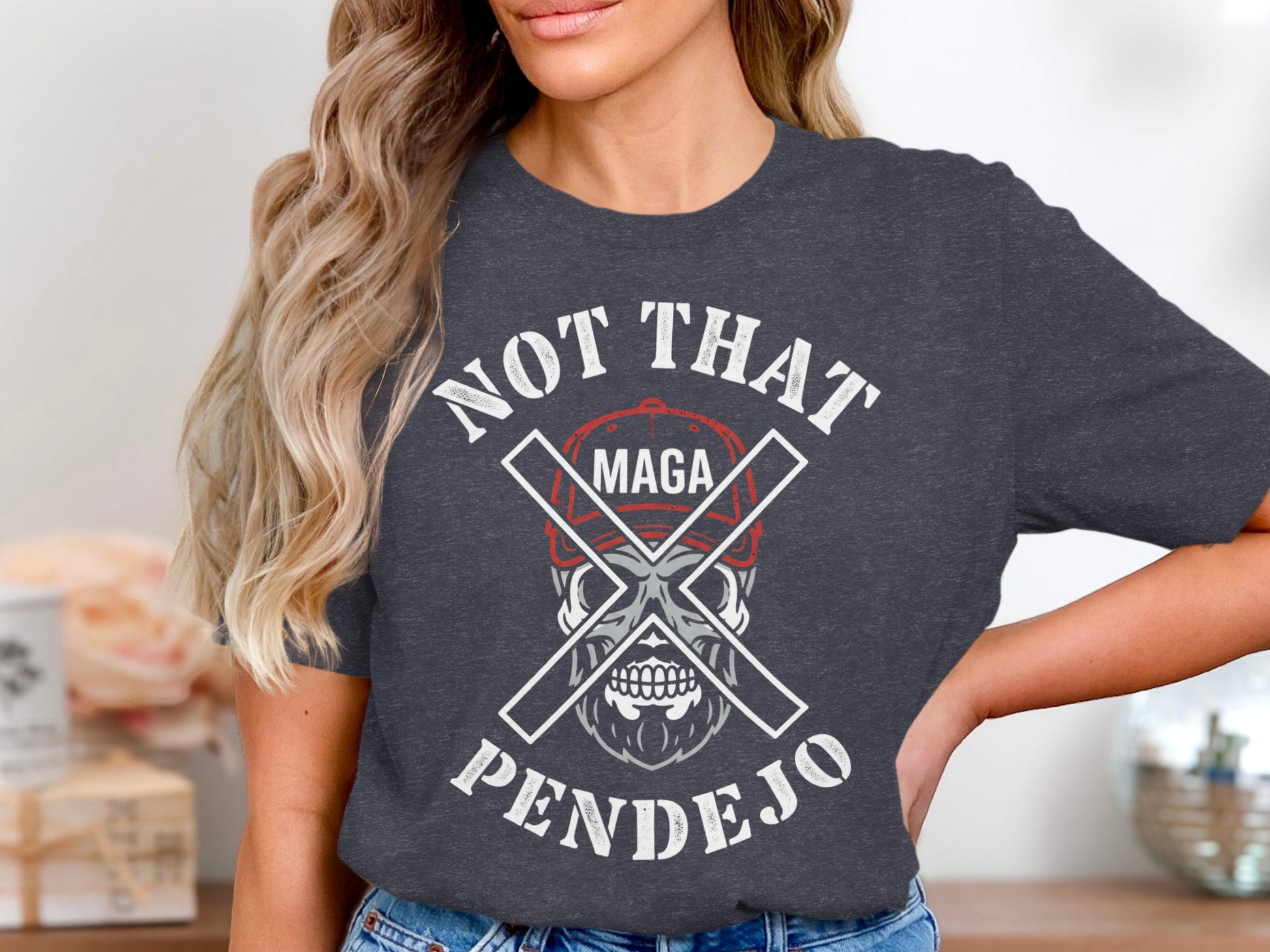 Dark grey t-shirt with skull and "MAGA Not That Pendejo" text.