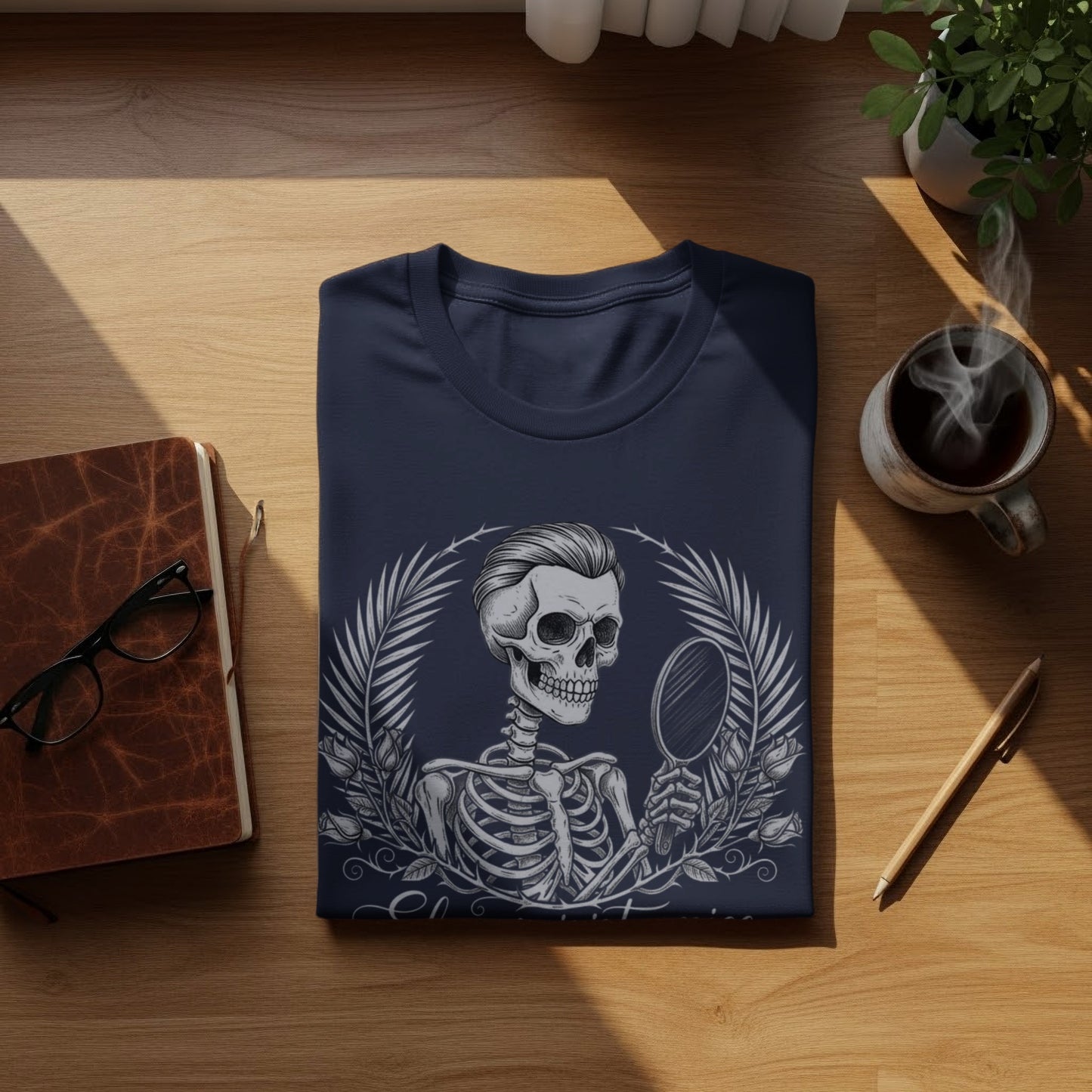 Skeleton Holding Mirror with Floral Details Shirt
