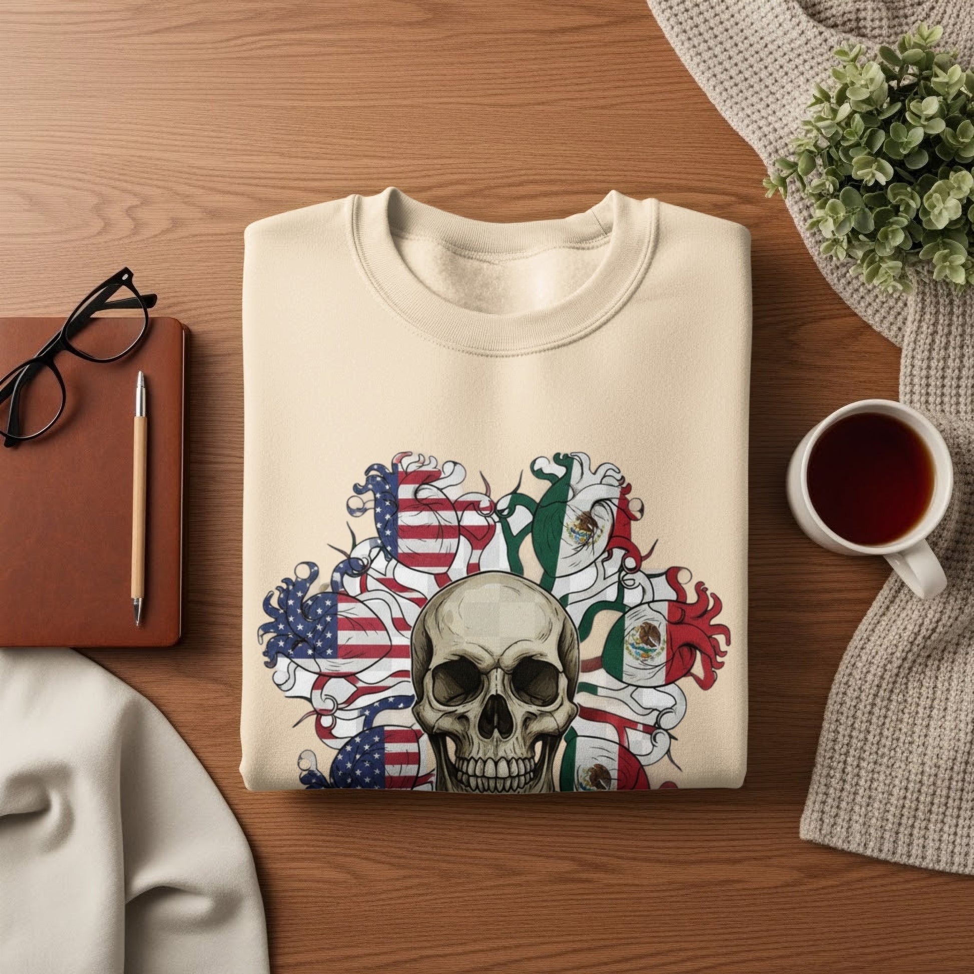 Skull With American and Mexican Flags Design Sweatshirt