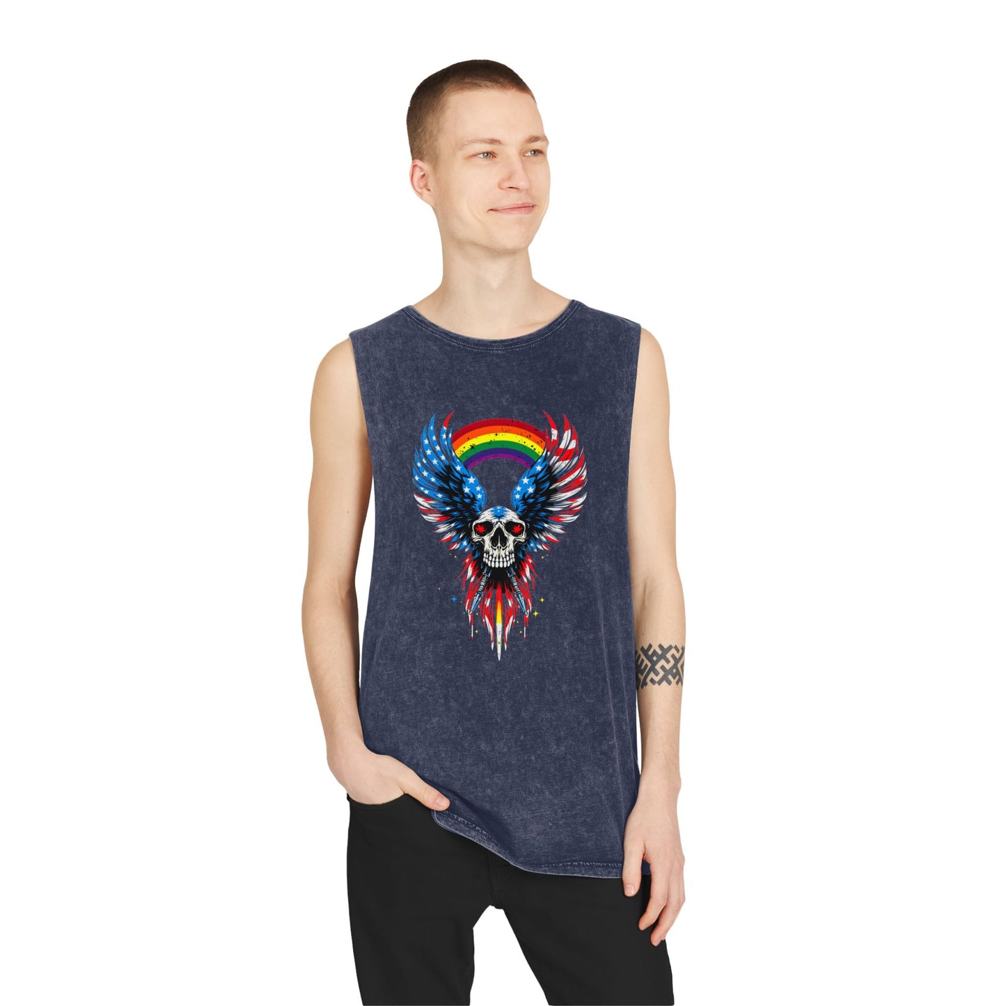 Pride Tank Top Unisex Skull & Wings Stonewash Tank Top | Grunge Style, Summer Essential, Music Festival, Casual Wear, Gift for Him/Her