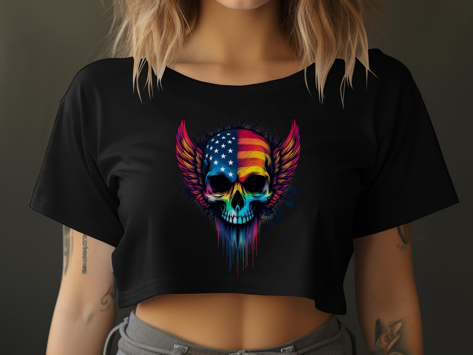 American Flag Skull with Wings Graphic Crop Top product