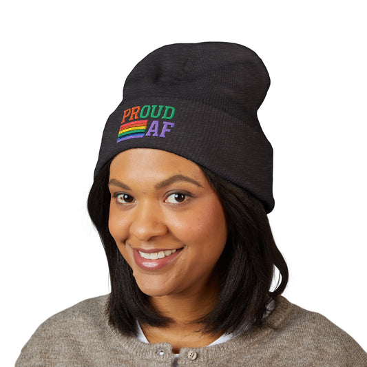Proud AF Embroidered Beanie — Rainbow Pride Cuffed Hat