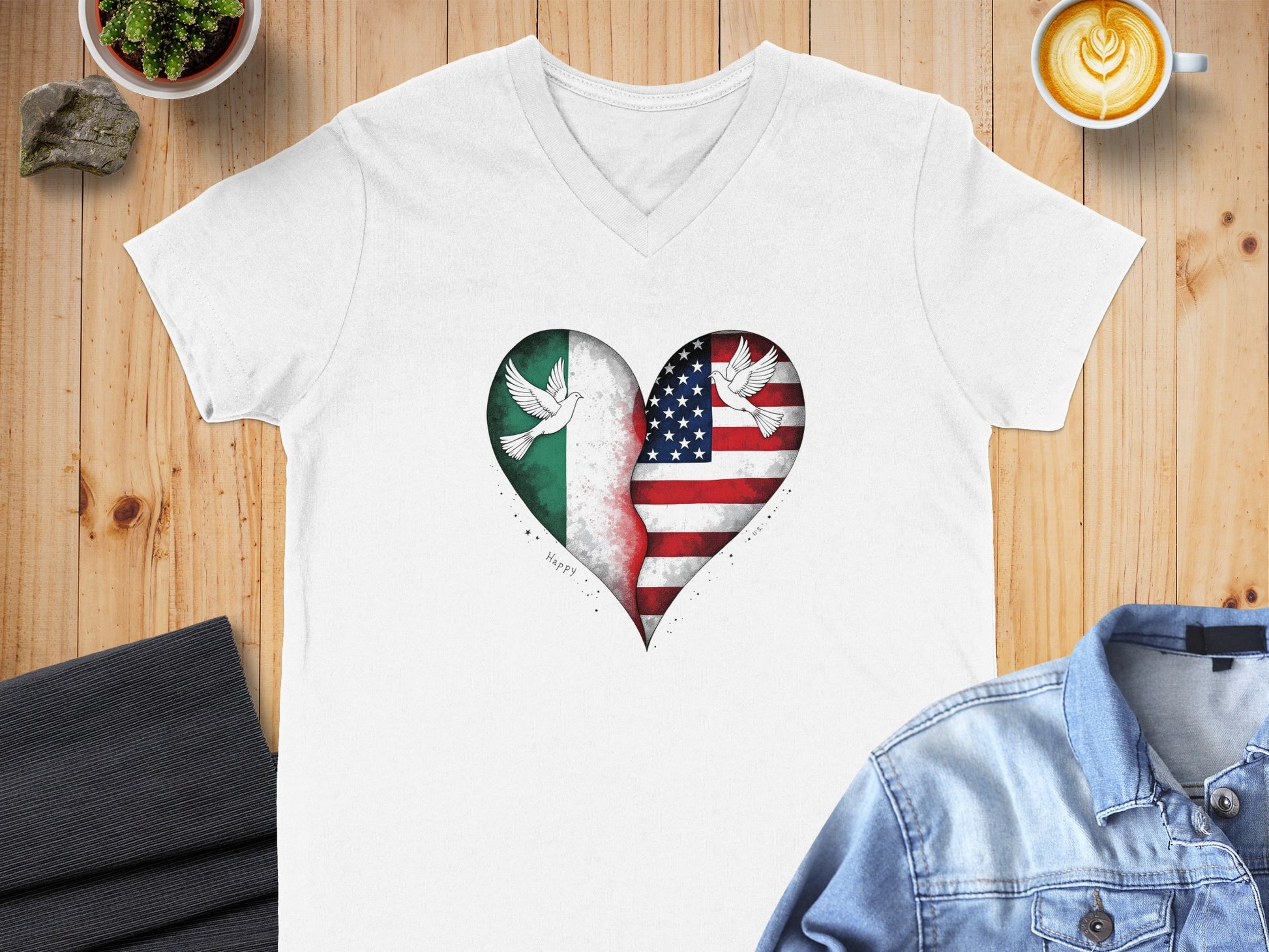 Heart American and Mexican Doves V-Neck T-Shirt product