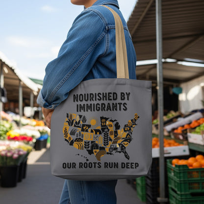 Tote bag with U.S. map illustration of farming icons and text "Nourished by Immigrants Our Roots Run Deep".