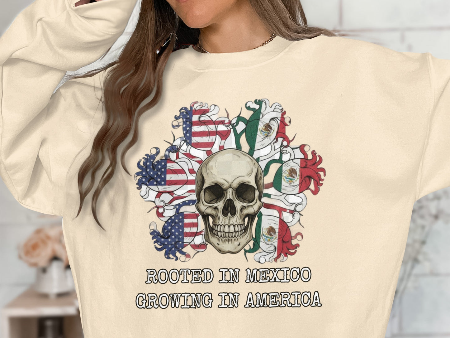 Rooted in Mexico Growing in America Skull Sweater