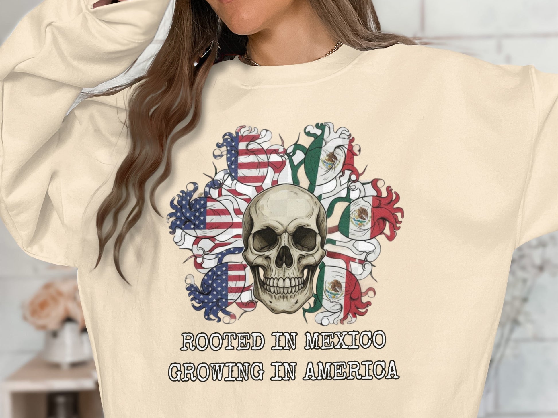 Rooted in Mexico Growing in America Skull Sweater