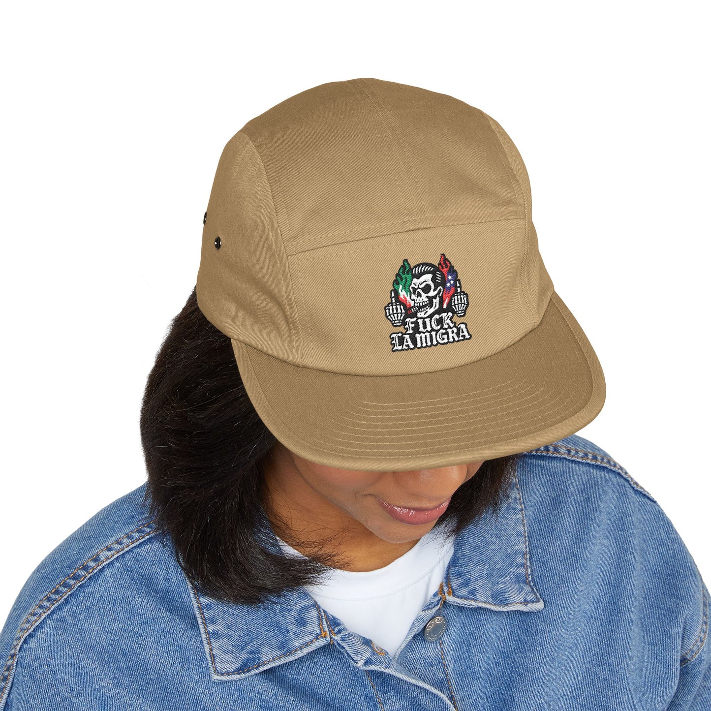 Fuck La Migra Hat Embroidered 5-Panel Cap — Skull with Mexican Flag Accent (Explicit Text)