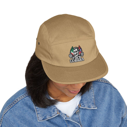 Fuck La Migra Hat Embroidered 5-Panel Cap — Skull with Mexican Flag Accent (Explicit Text)