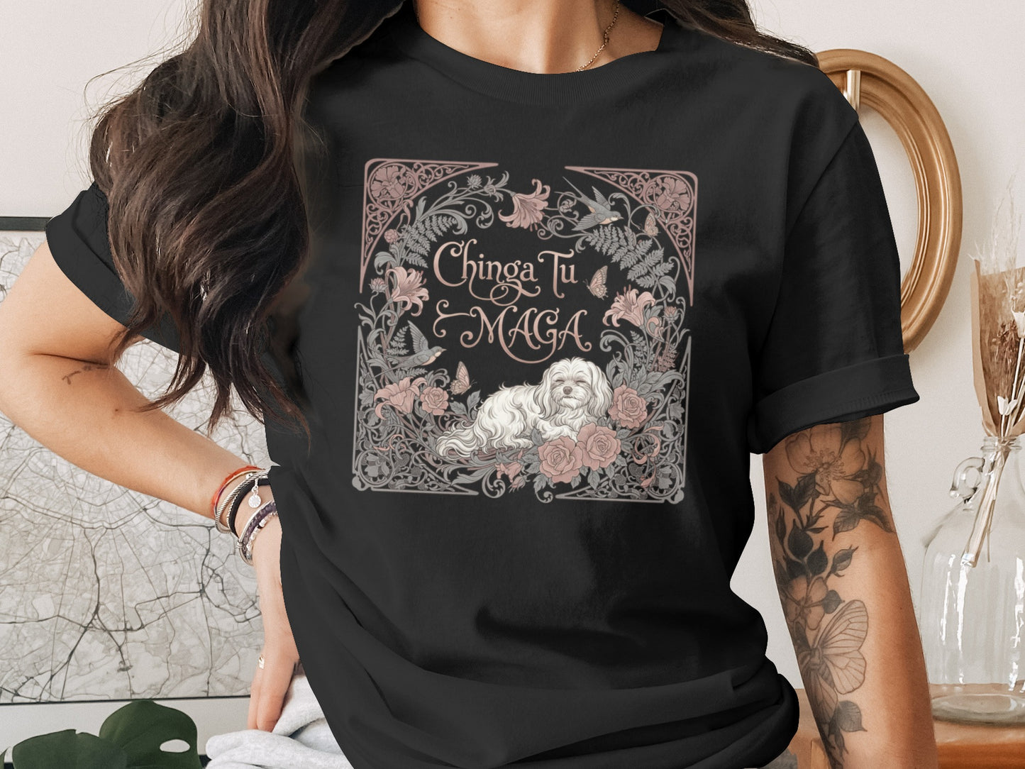 Chinga Tu Maga Graphic Tee with Detailed Floral Design