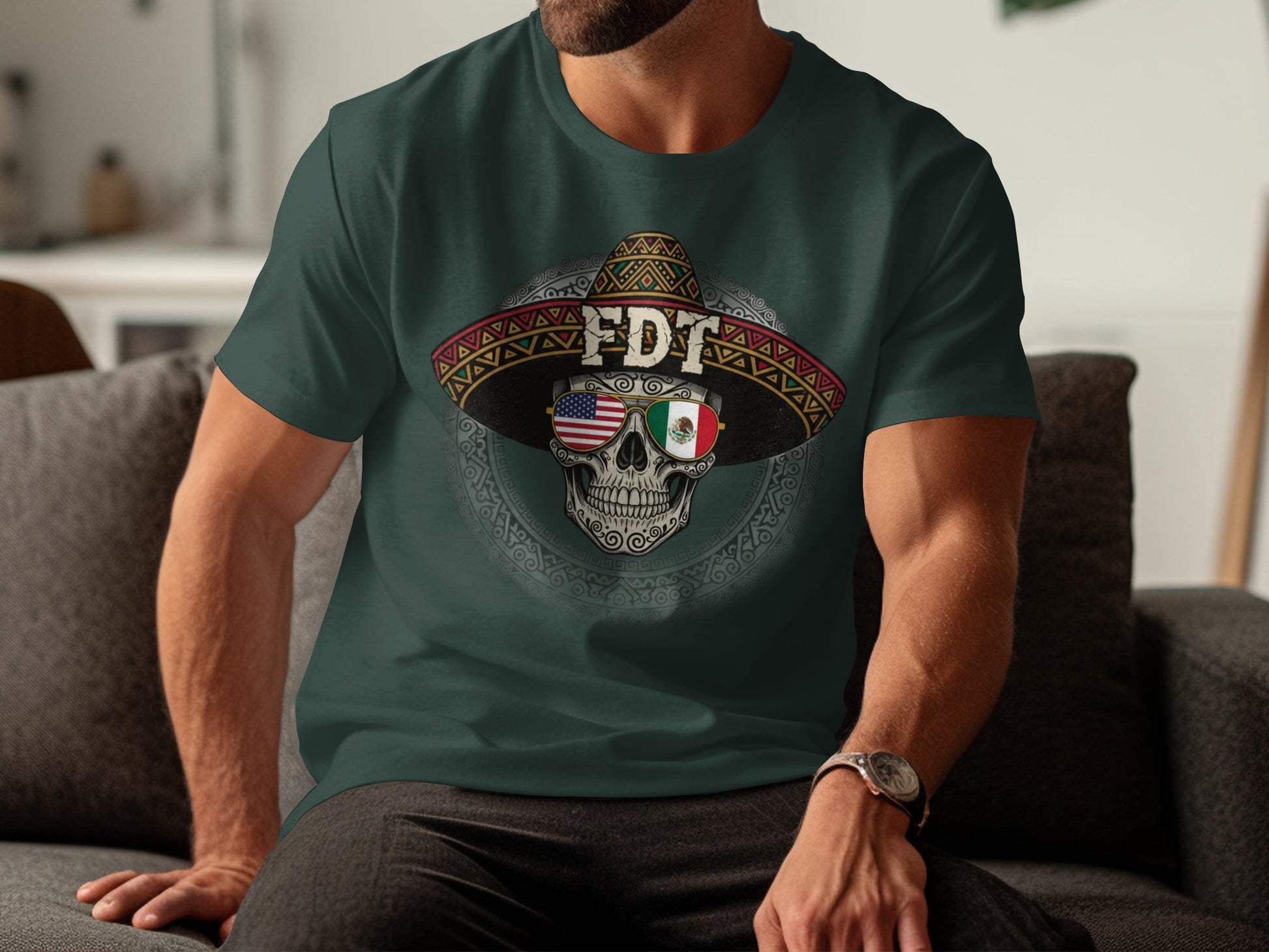 FDT Sombrero Skull with USA Mexico Flags T-Shirt