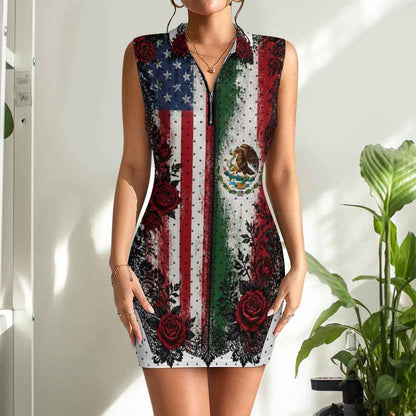 Mexican American Flag Dress, Sleeveless Bodycon Zip Dress for Women, USA Mexico Roses
