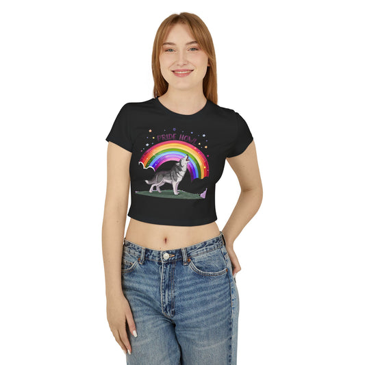 Pride Howl Women's Baby Tee - Cute Wolf Design with Rainbow