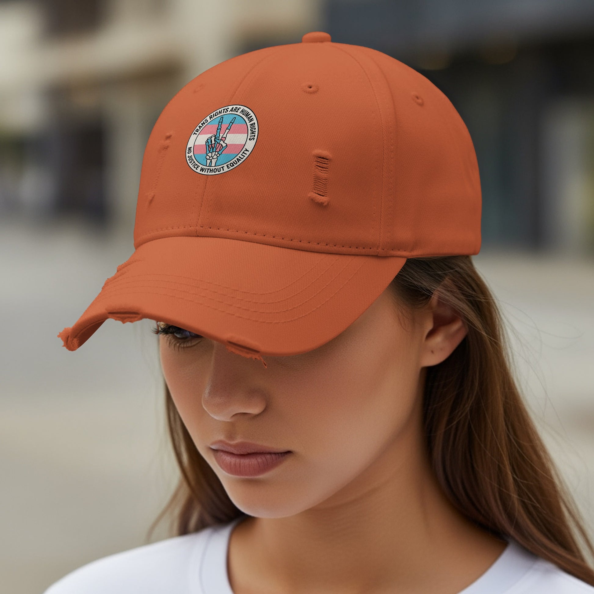Embroidered distressed orange cap with round patch product