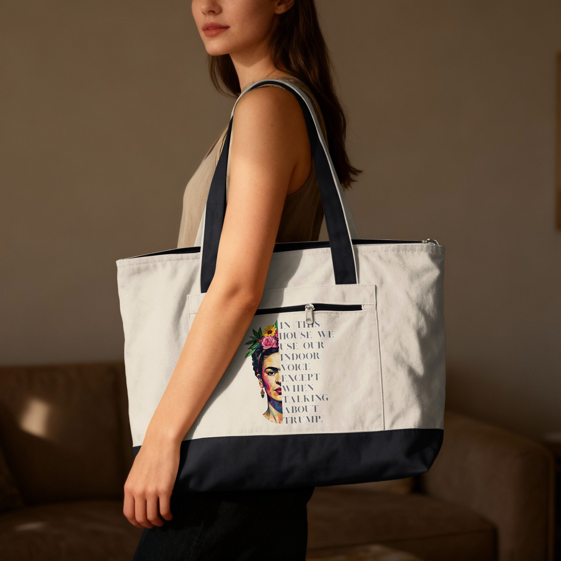 Tote bag with Frida Kahlo portrait and "In this house we use our indoor voice except when talking about Trump."