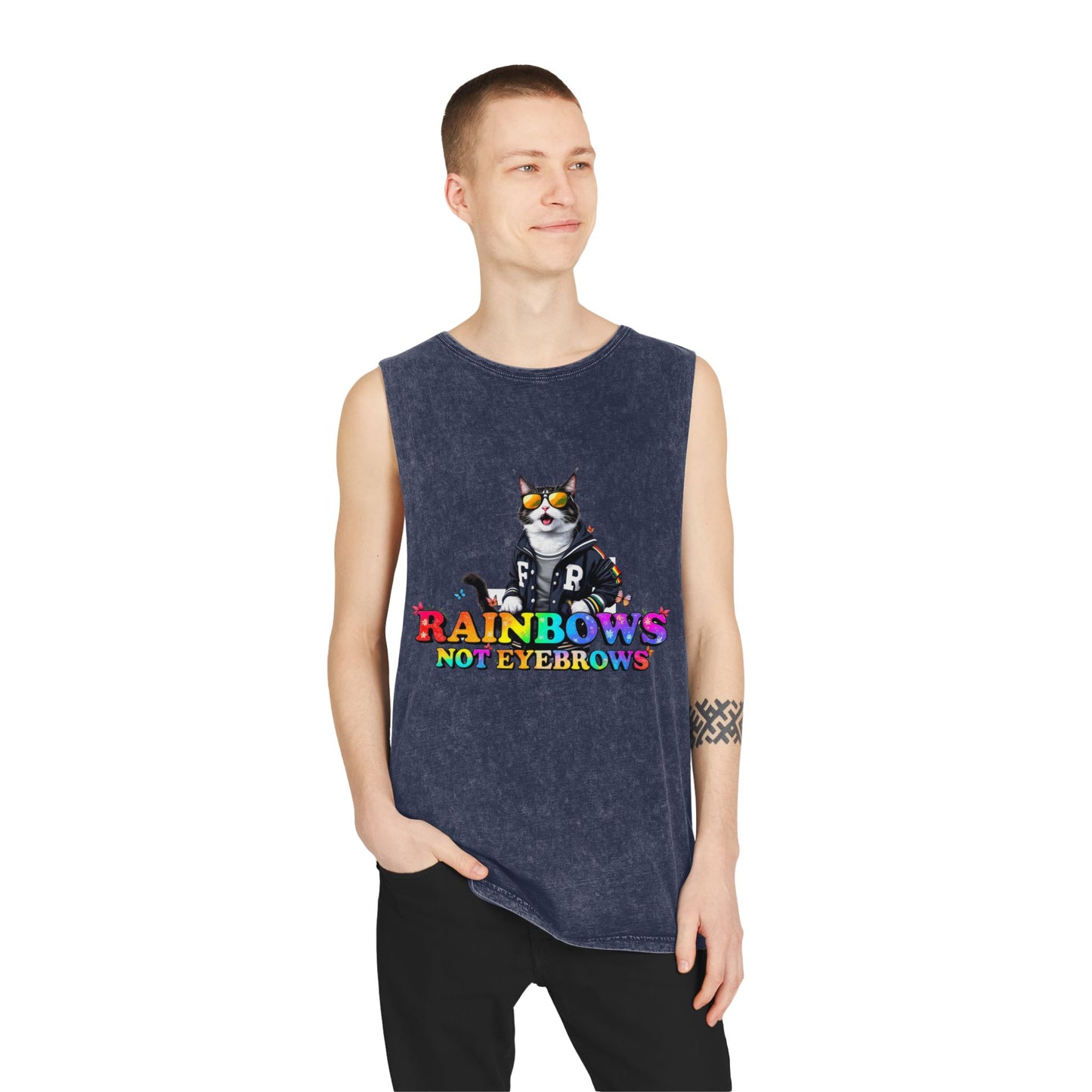 Unisex Stonewash Graphic Tank Top - Rainbow Theme, Perfect for Summer Parties, Pride Events, Casual Outings, Music Festivals, LGBTQ+ Spirit