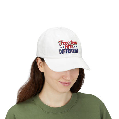 Freedom Hits Different Dad Cap - Classic White Adjustable Hat for Patriotic Fashion