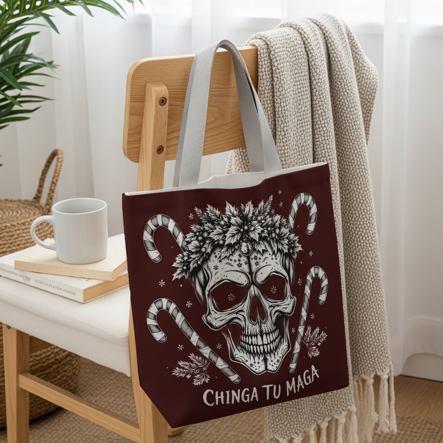 Chinga Tu Maga Skull Tote Bag with Candy Canes Design
